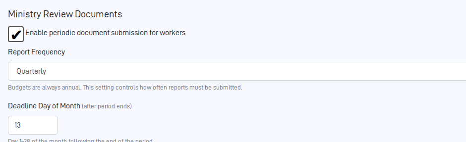 Enabling Ministry Review Documents in the Manage Organization edit form, showing the enable checkbox, report frequency, and deadline day settings