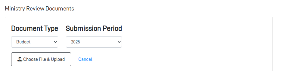 The Add Document form on the Files tab, showing the Document Type and Submission Period dropdowns and the Choose File and Upload button